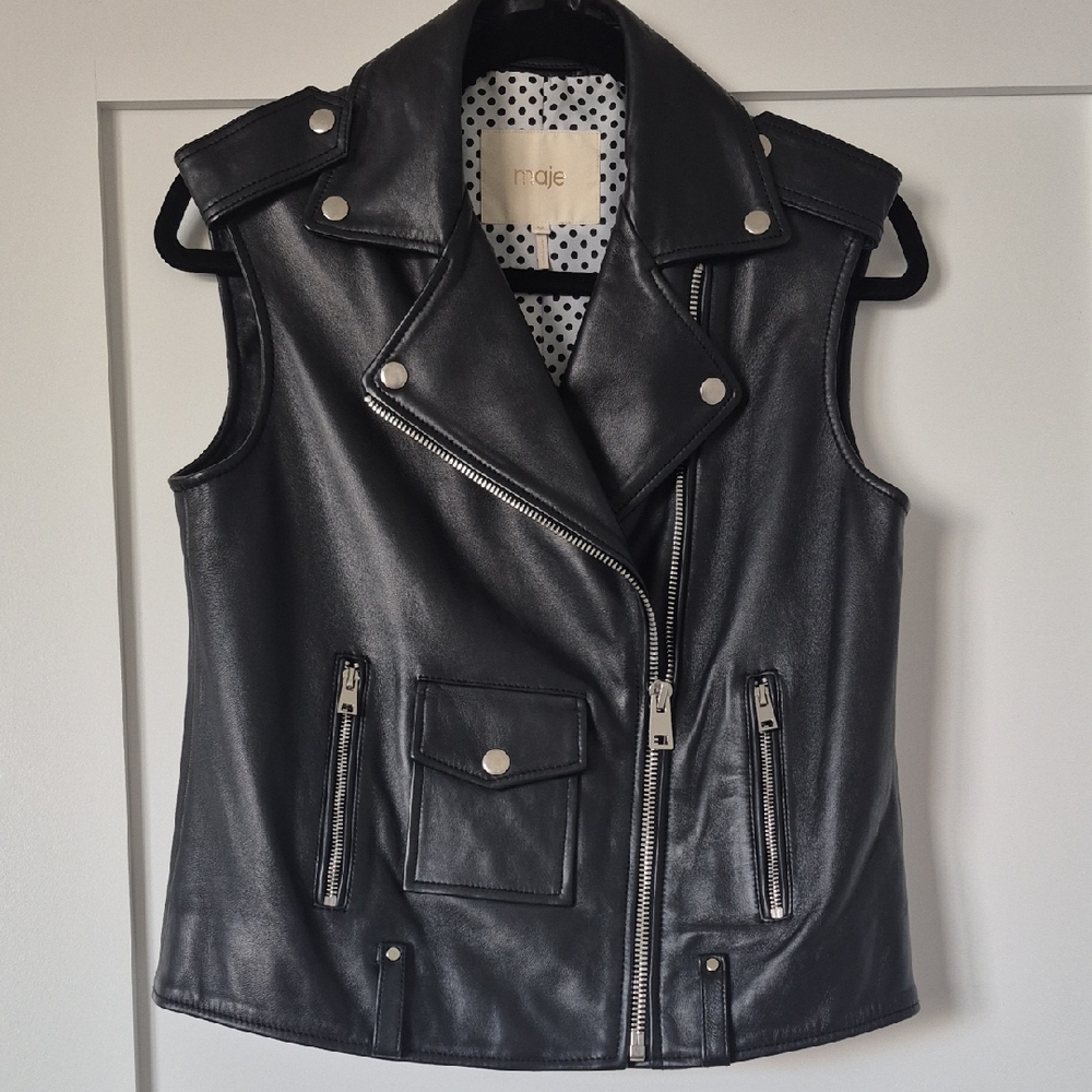 Maje Black Leather Vest with Silver Accents